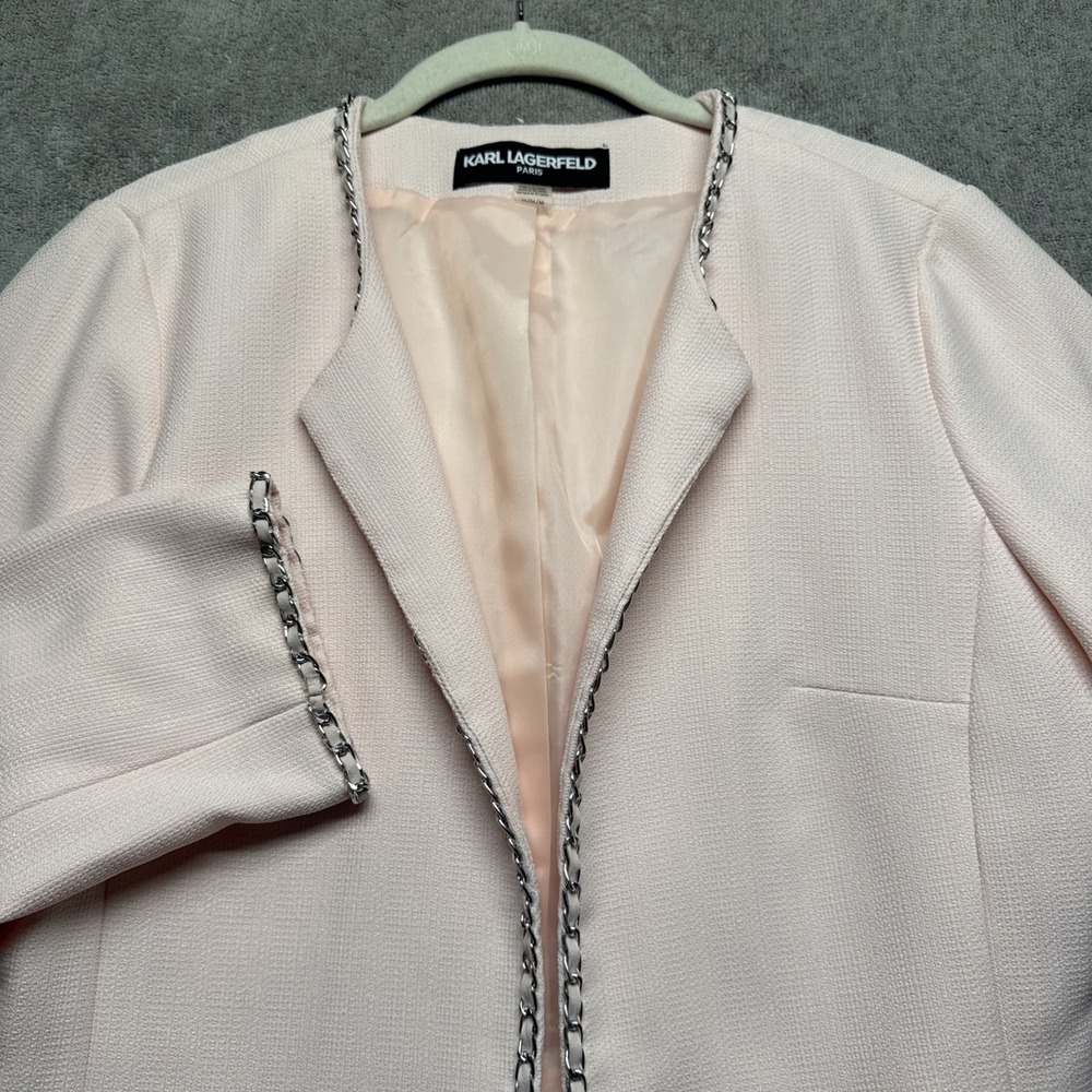 Karl Lagerfeld Paris Tweed Trim Open Front Jacket Women's Medium Blush Pink